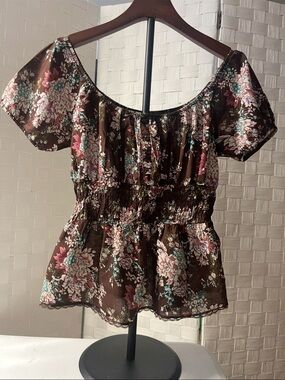 Xhilaration Brown Floral Smocked Peplum Top